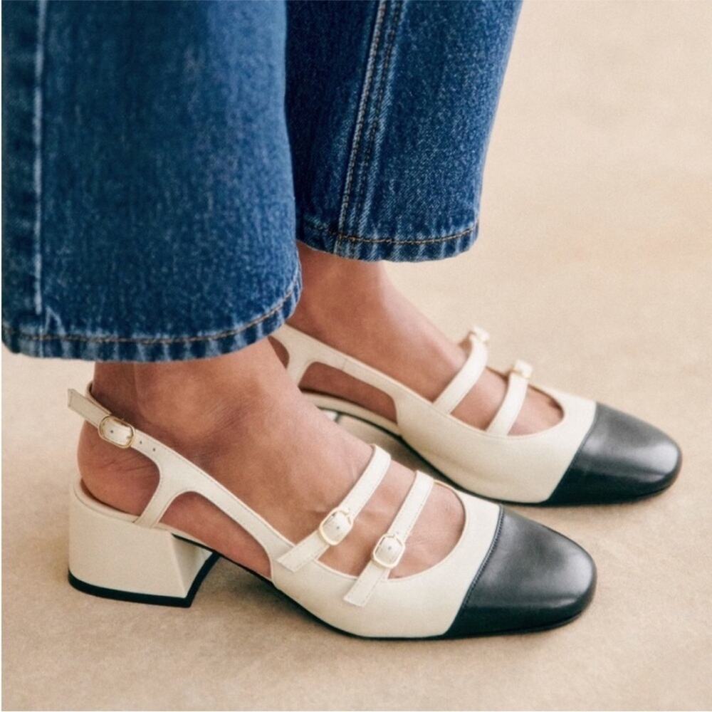 NWB Sezane PAULA BABIES Ecru white Black toe mid-height heels 38 - Picture 1 of 15